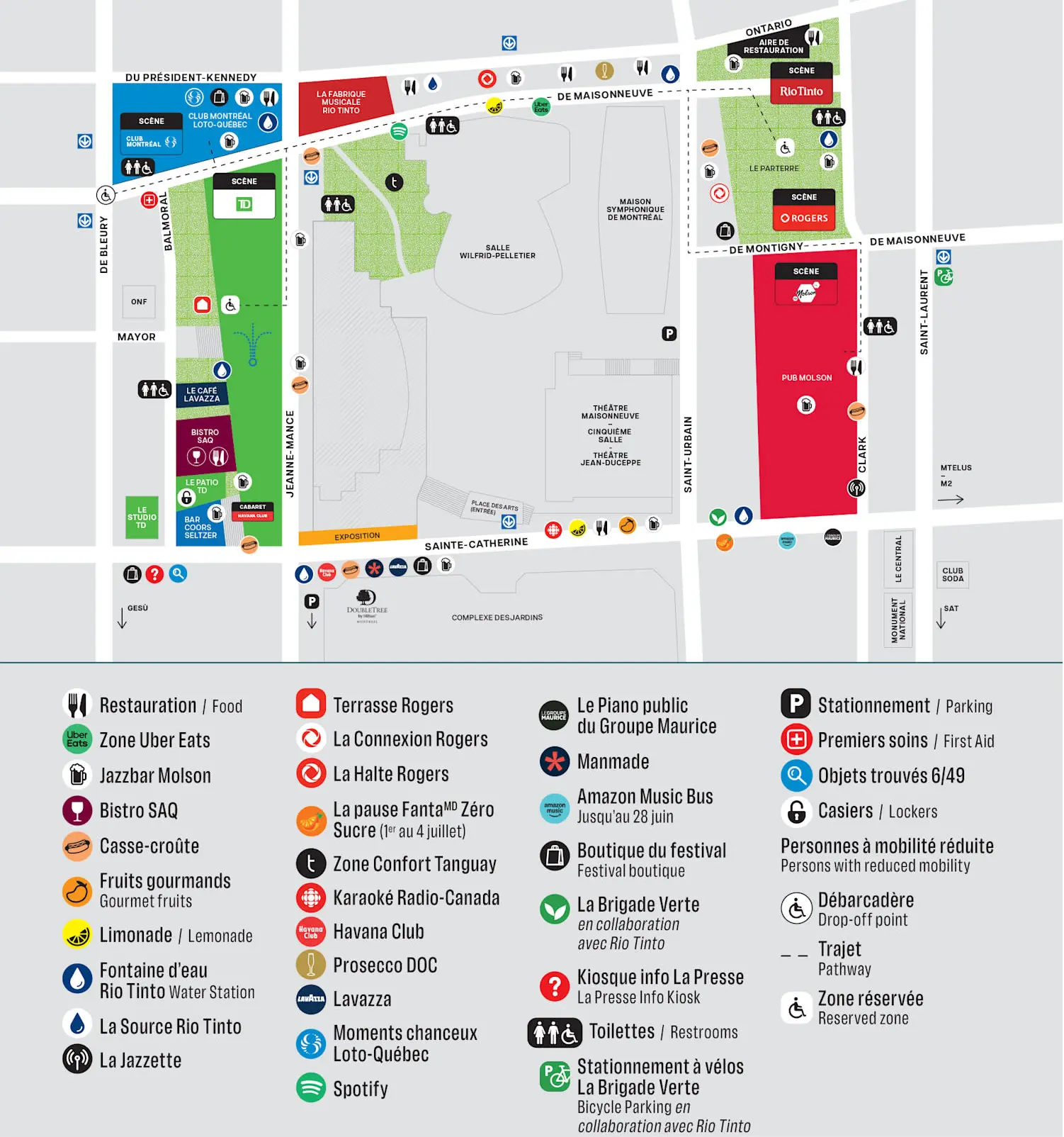 Plan du site du Festival International de Jazz de Montréal avec une légende indiquant les scènes, services, toilettes, stationnements et aménagements pour les personnes en situation de handicap.