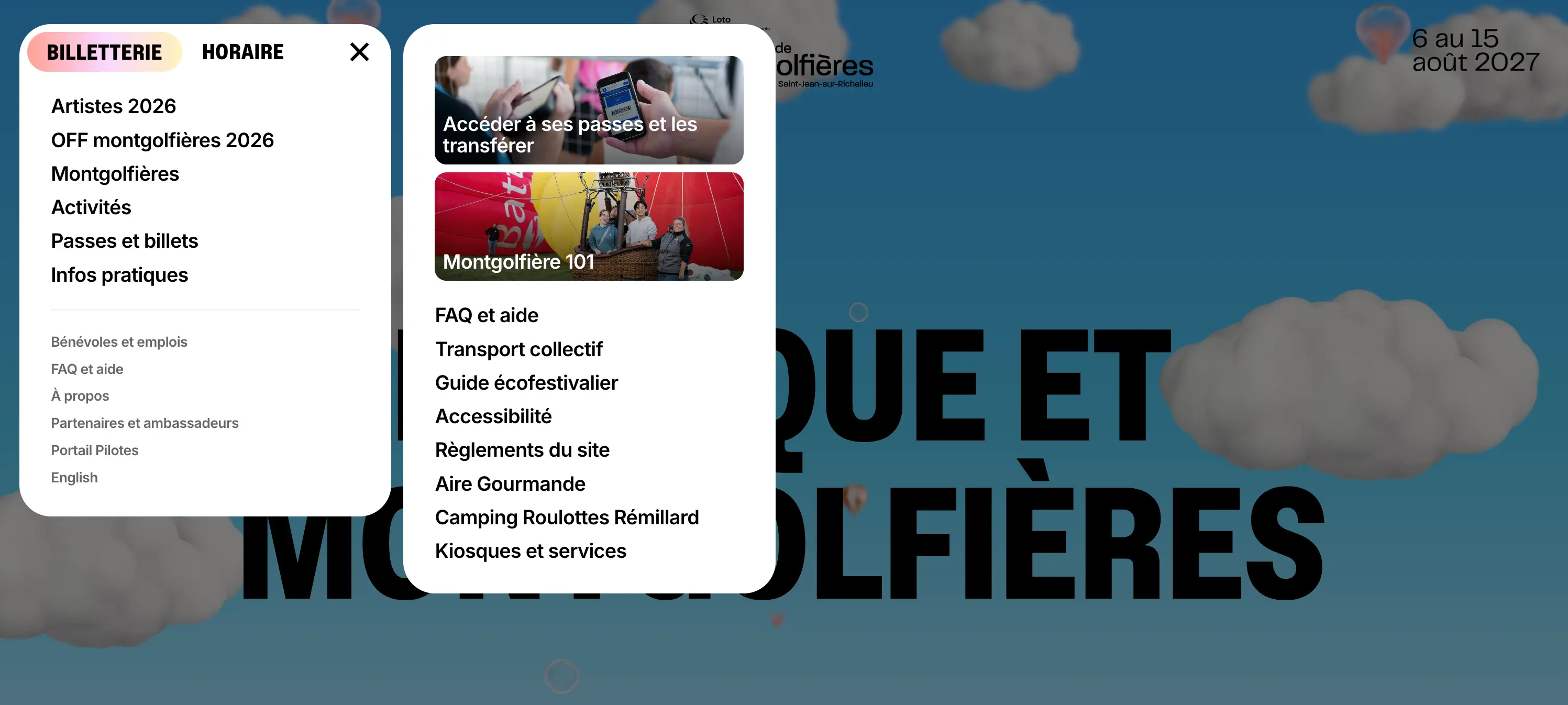 Capture d’écran du menu du site Web de l’International de montgolfières, où un lien « Accessibilité » apparaît parmi les informations pratiques.
