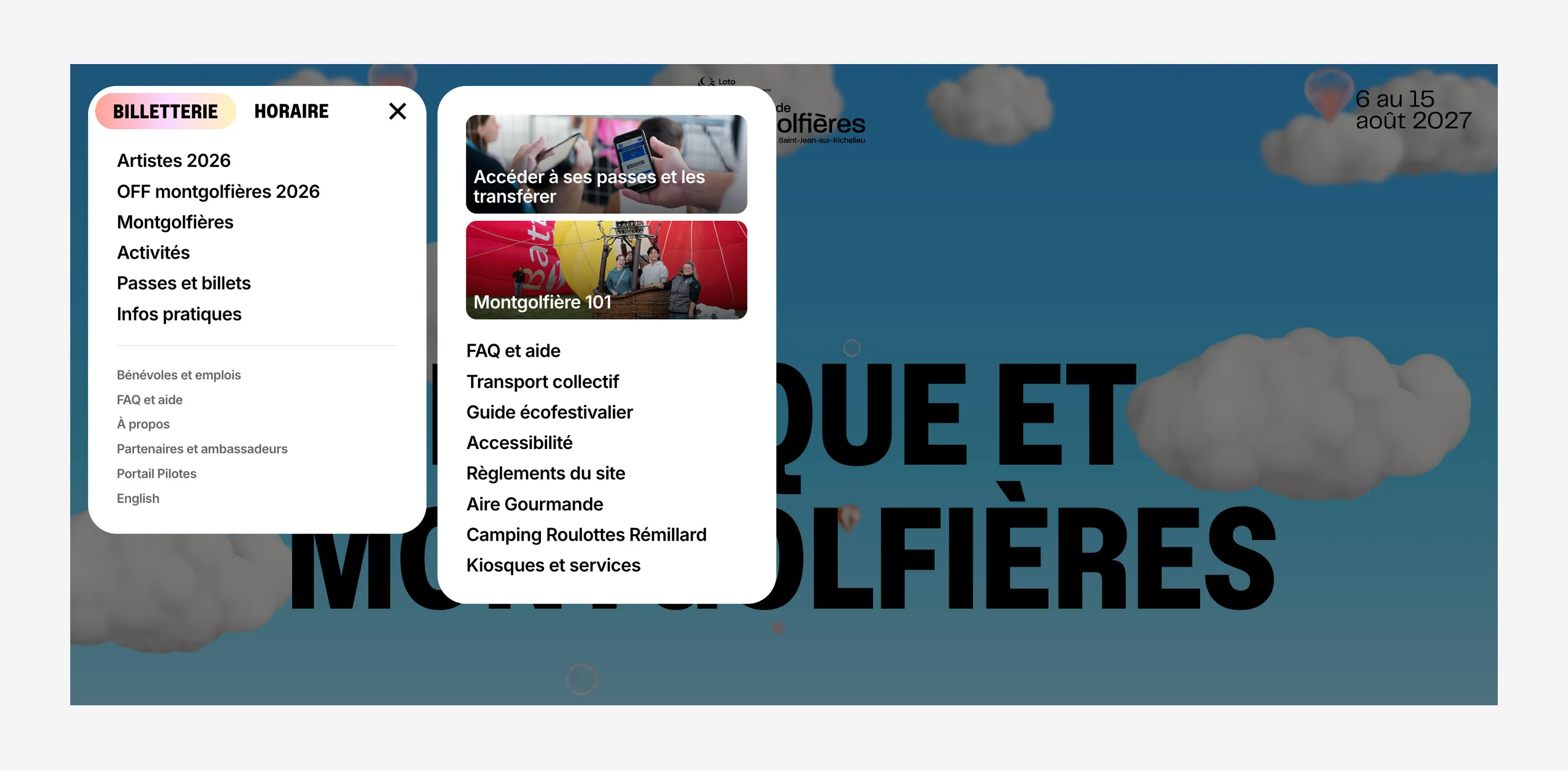 Capture d’écran du menu du site Web de l’International de montgolfières, où un lien « Accessibilité » apparaît parmi les informations pratiques.