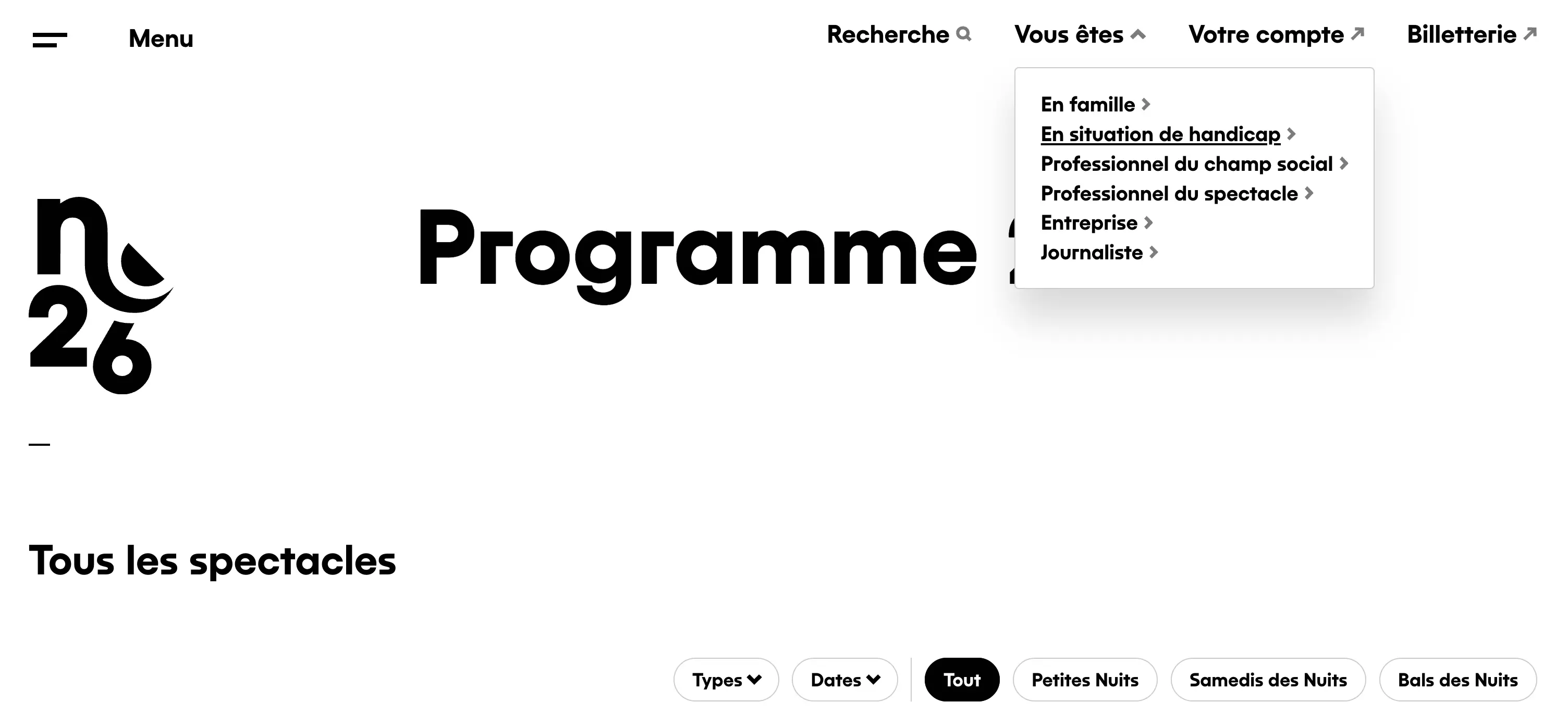 Capture d’écran du site des Nuits de Fourvière montrant le menu « Vous êtes » ouvert, avec l’option « En situation de handicap ».