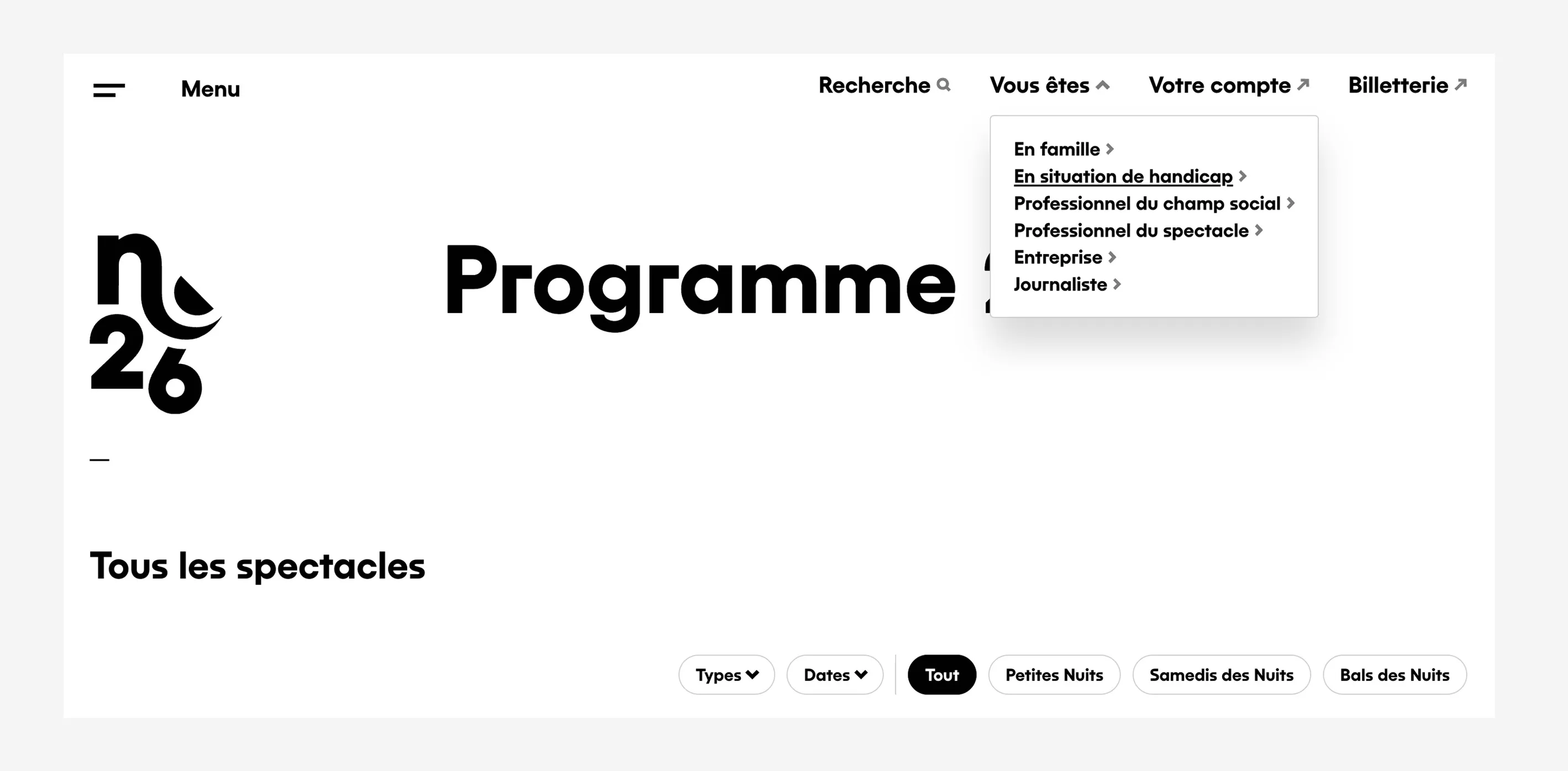Capture d’écran du site des Nuits de Fourvière montrant le menu « Vous êtes » ouvert, avec l’option « En situation de handicap ».