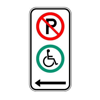 Panneau de signalisation comportant le symbole du fauteuil roulant en vert et celui de l'interdiction de stationner en rouge.