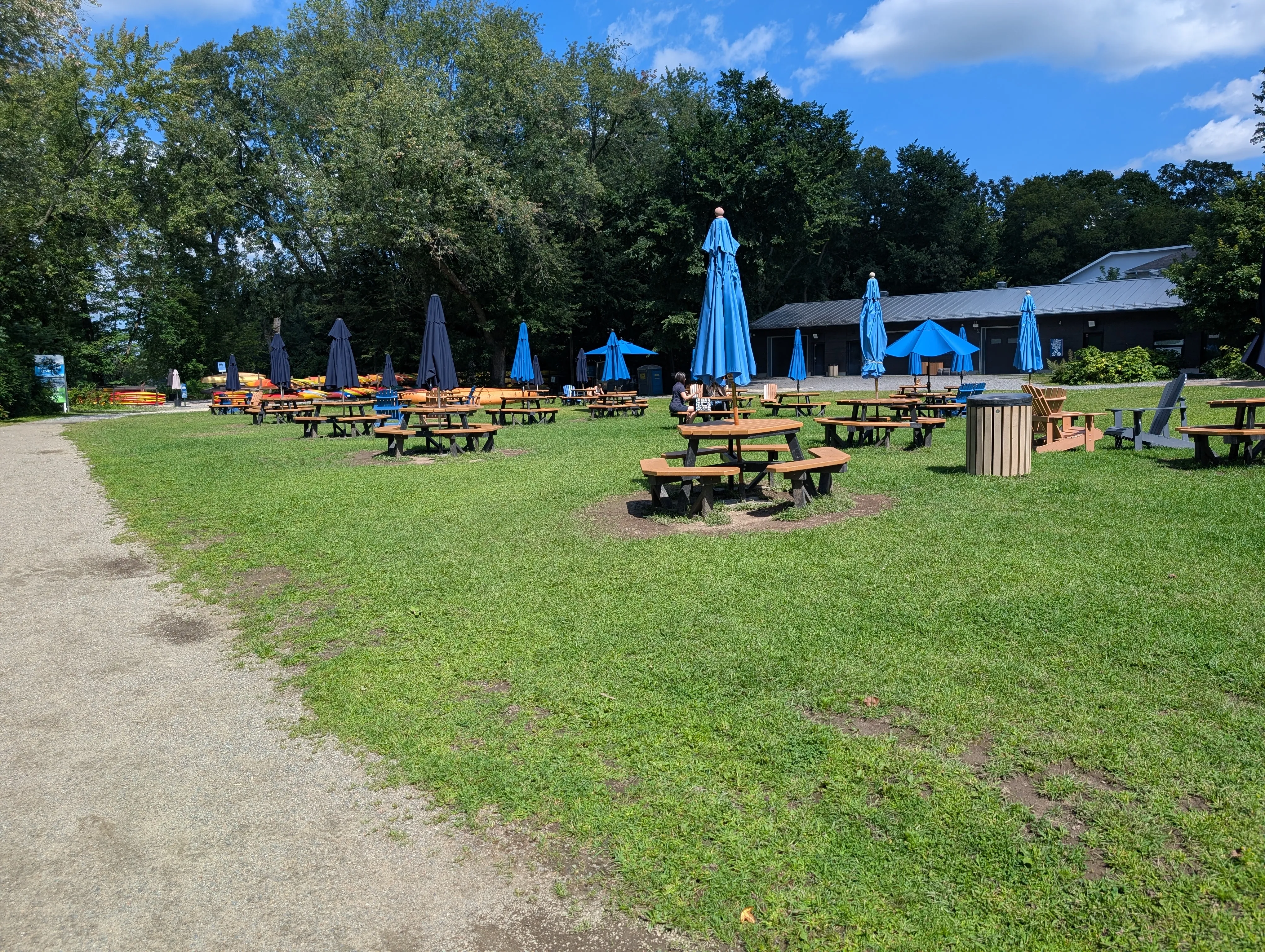 Picnic tables set up on the lawn