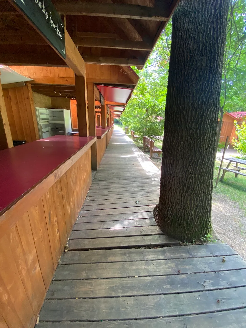 Kiosks and wooden boardwalk