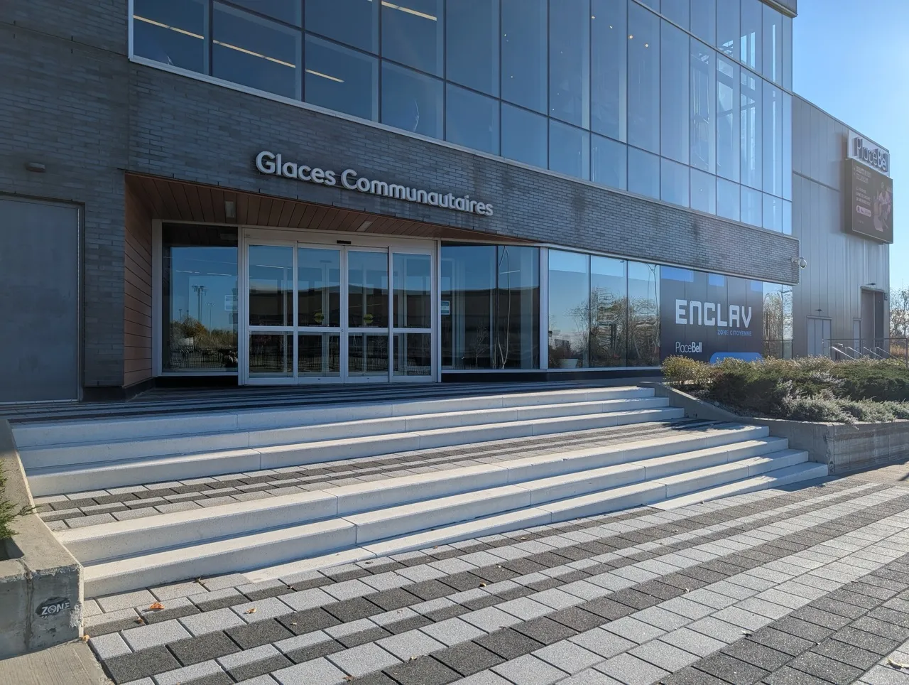 Entrance to l'Enclav, community ice rinks on Boulevard Le Corbusier - access via stairs