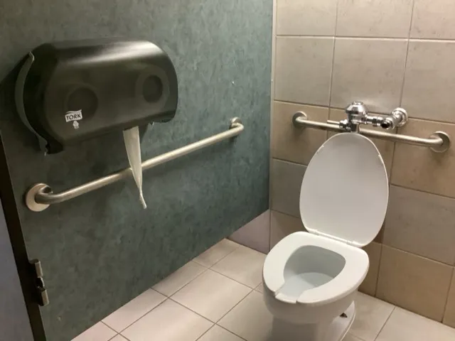 Accessible toilet cubicle - toilet bowl and grab bars