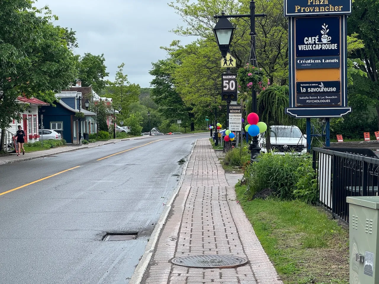Cobblestone sidewalks connecting the sites
