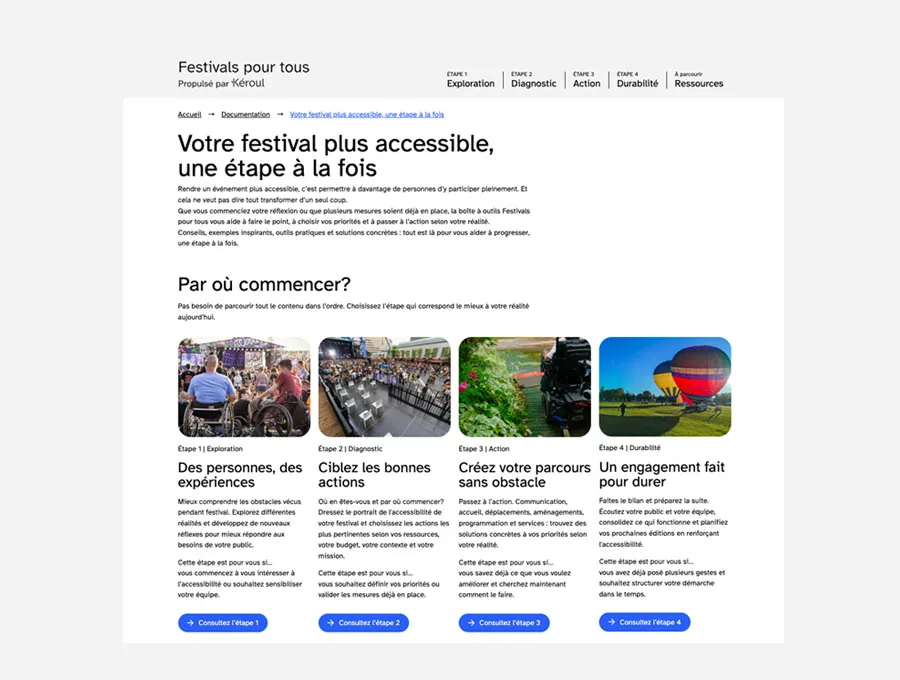 Saisie écran de la page d'accueil du site propulsé par Kéroul, Festivalspourtous.ca