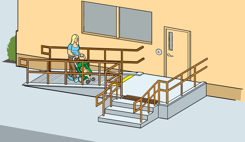 Rampe d'accès et escaliers, avec personne derrière une poussette